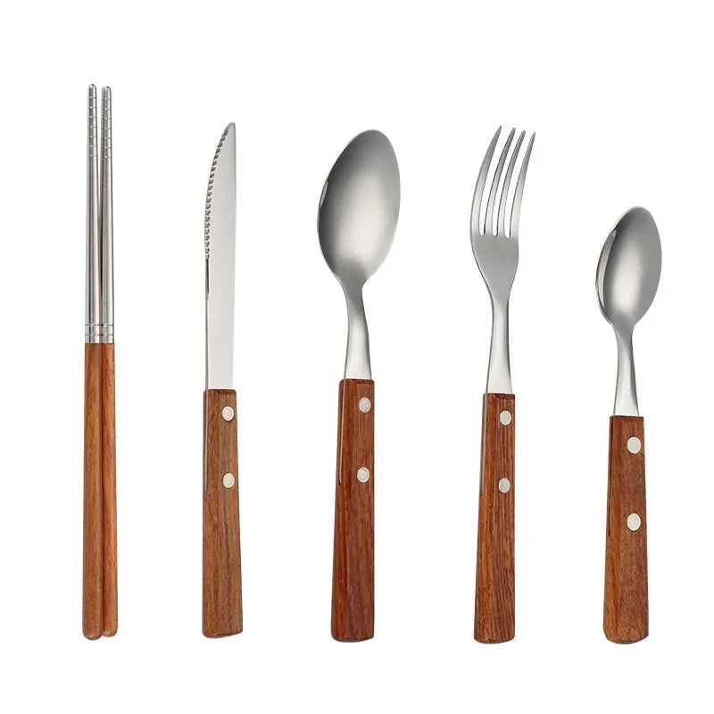 Juego de cubiertos de acero inoxidable – Tenedor, cuchara, cuchillo, palillos chinos