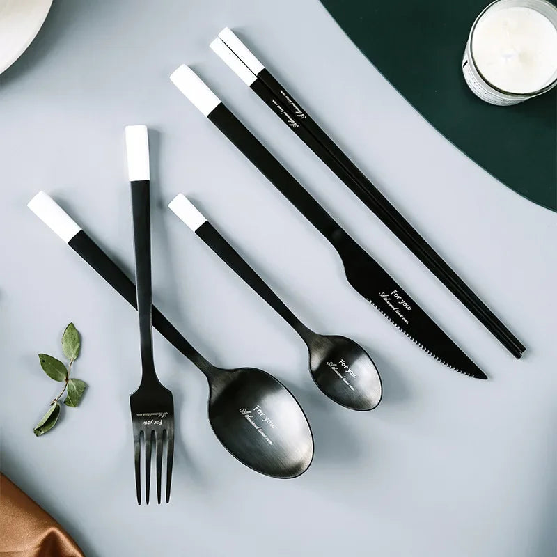 Black & White Stainless Steel Cutlery Set (4-Piece / 5-Piece)