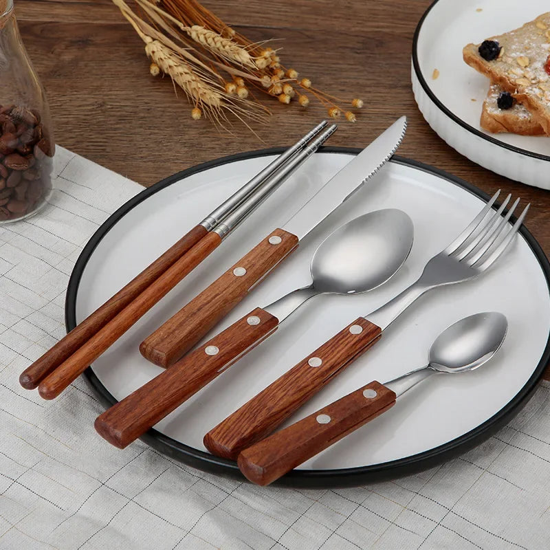 Juego de cubiertos de acero inoxidable – Tenedor, cuchara, cuchillo, palillos chinos