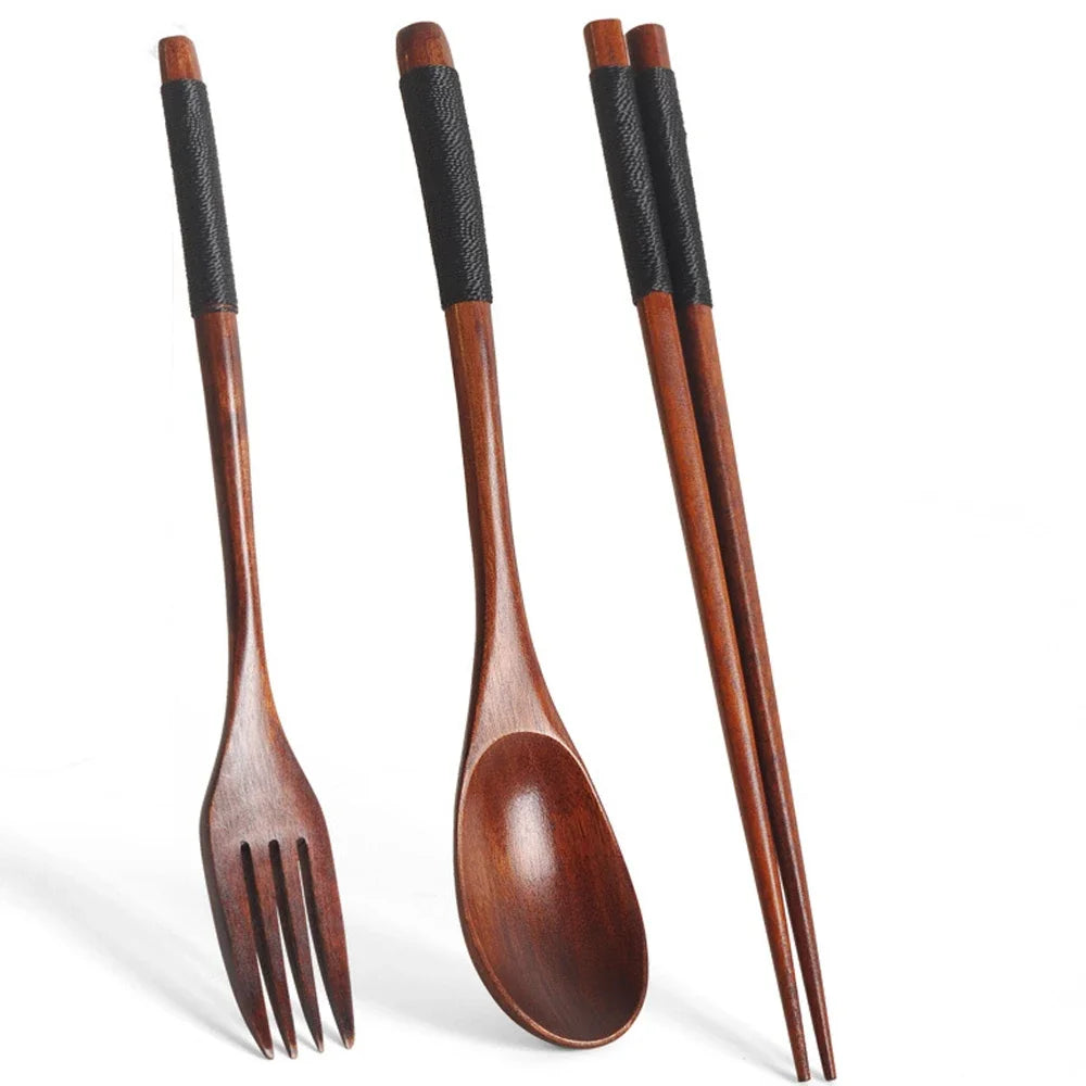 Set de cubiertos de madera natural de 3 piezas – Cuchara, tenedor y palillos