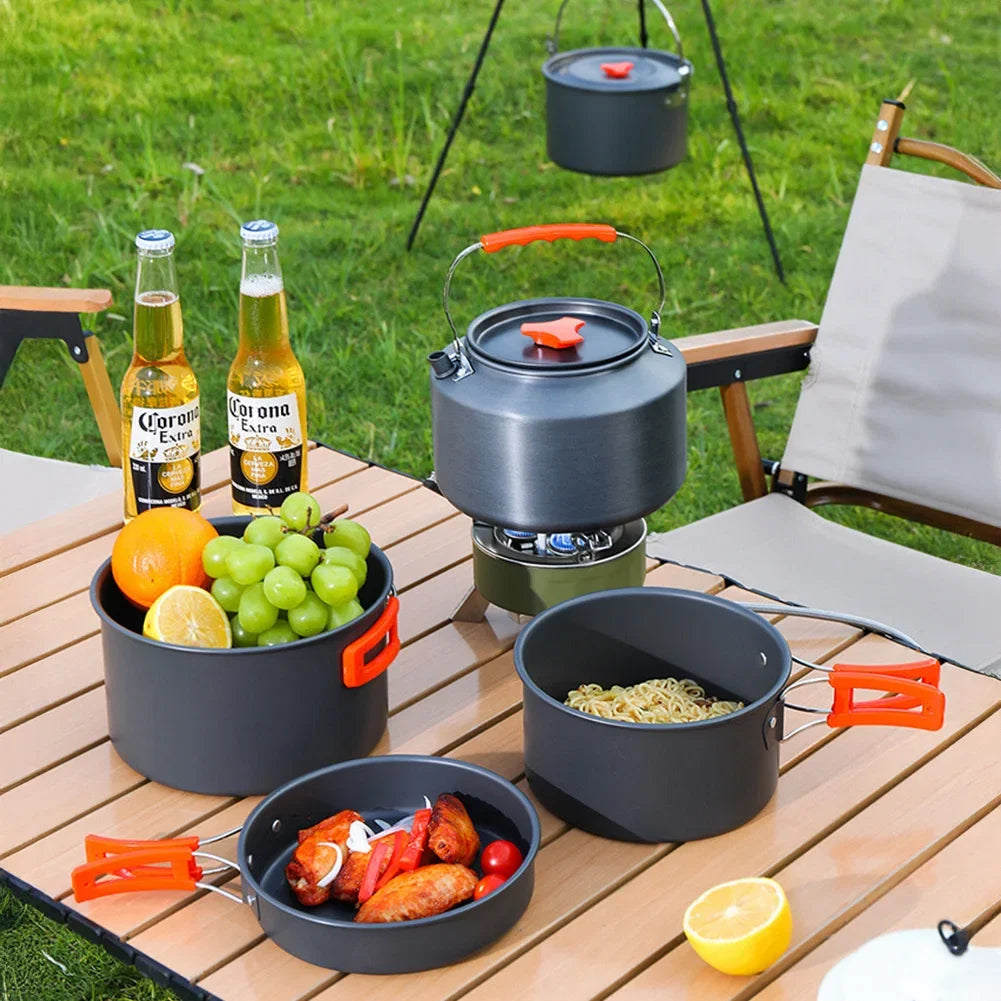 Aluminum Camping Cookware Set – Frying Pan, Cooking Pot, Hanging Pan & Kettle