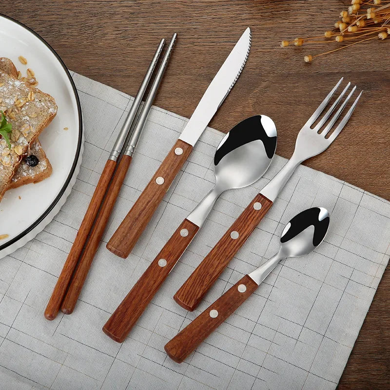 Juego de cubiertos de acero inoxidable – Tenedor, cuchara, cuchillo, palillos chinos