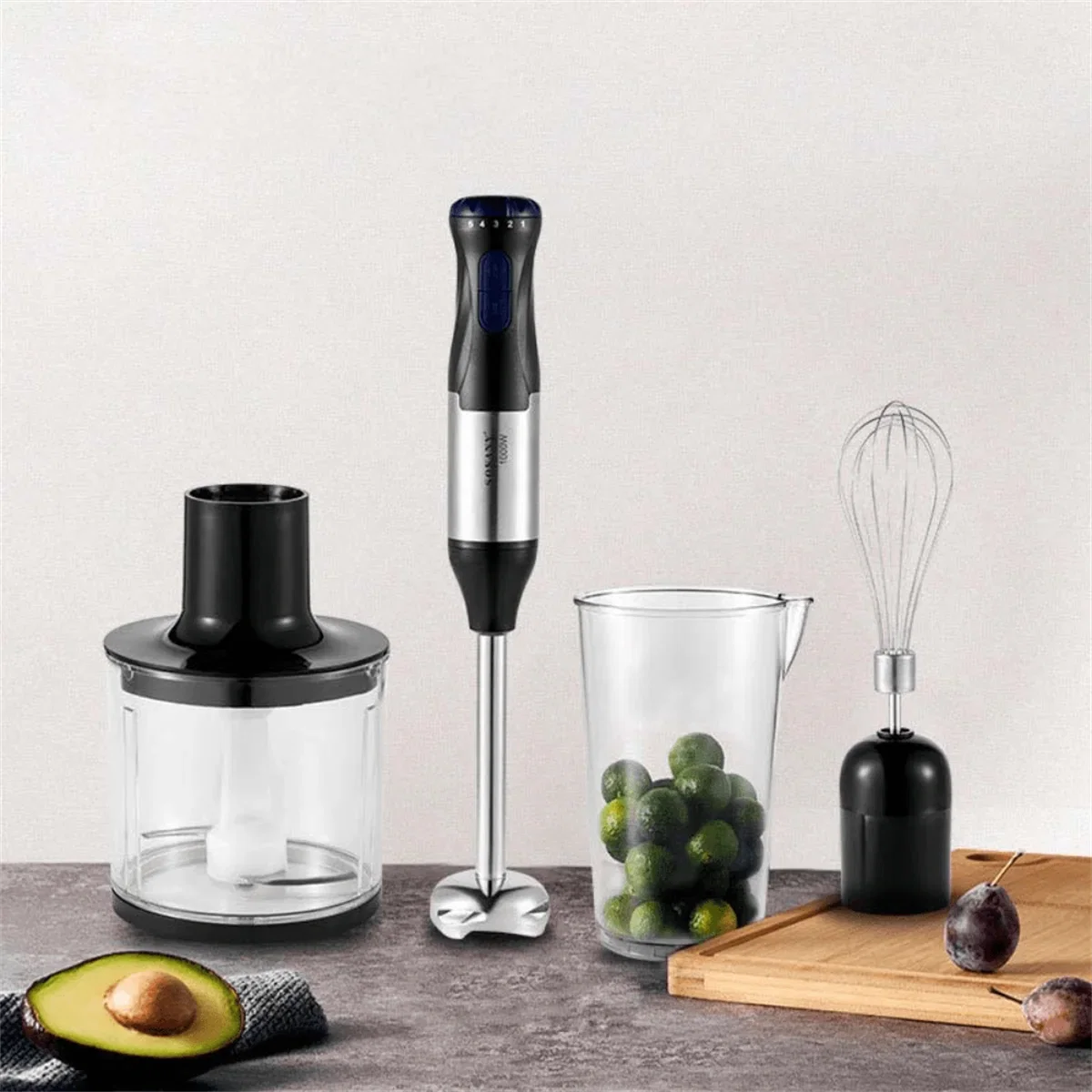 Juego de licuadora de inmersión manual 4 en 1 con batidor, picadora y vaso medidor