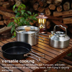 Set de utensilios de cocina para camping de acero inoxidable con olla, sartén y tetera