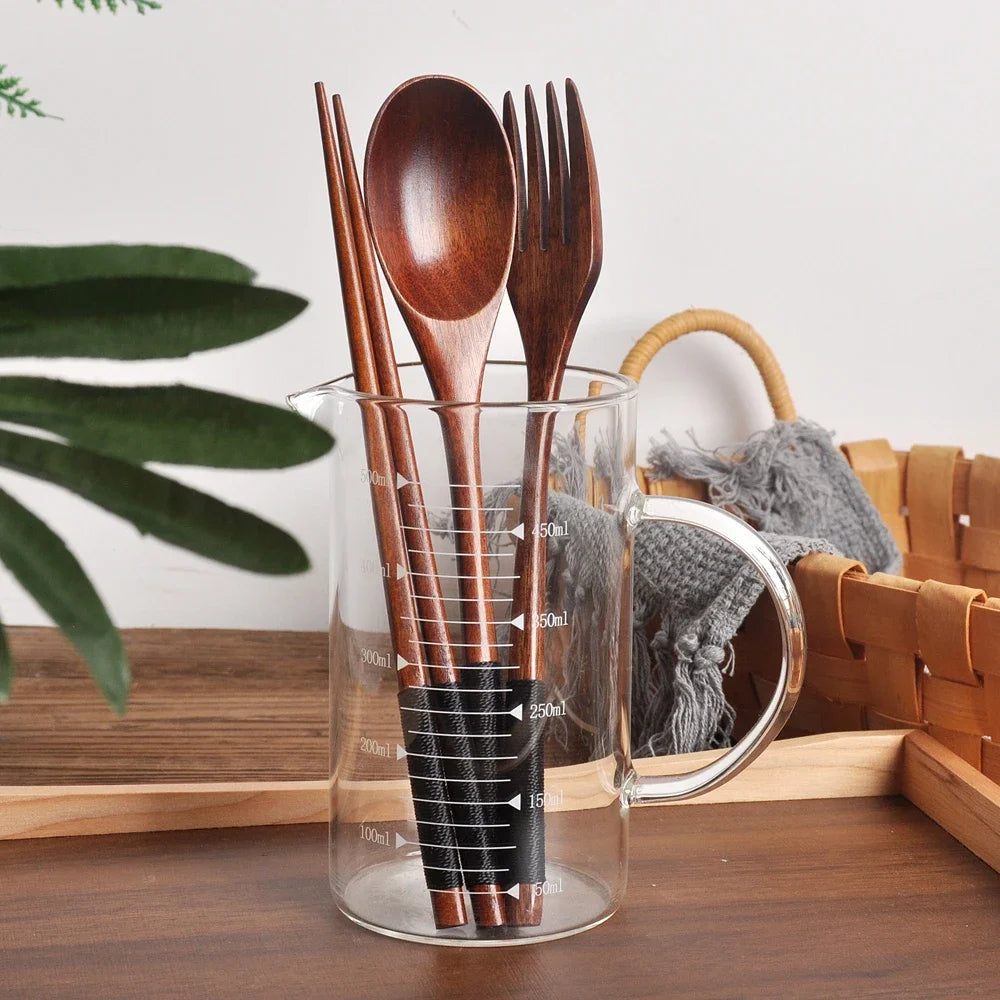 Set de cubiertos de madera natural de 3 piezas – Cuchara, tenedor y palillos