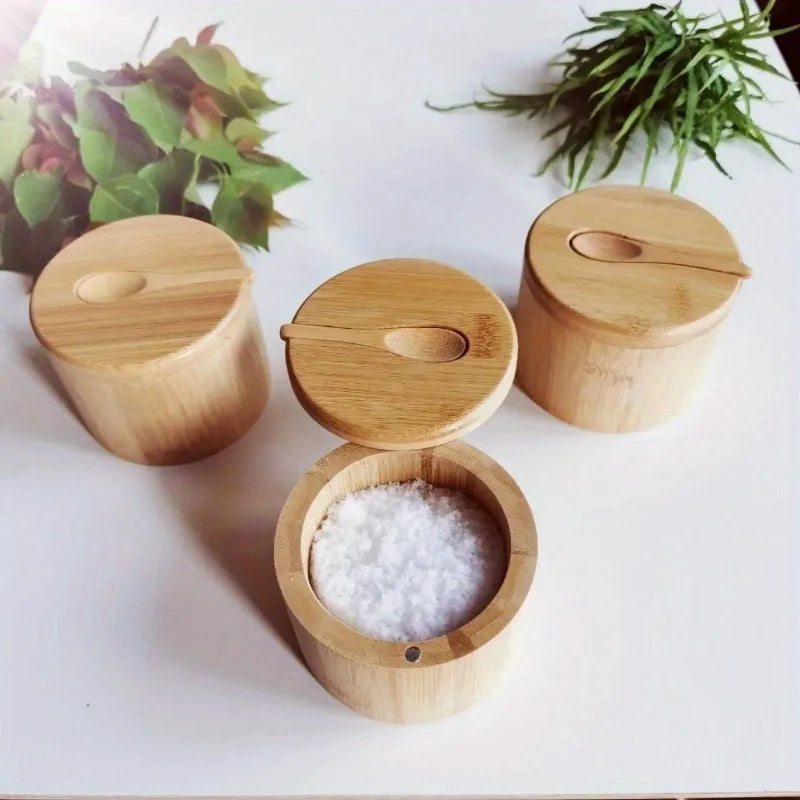 Wood Seasoning Storage Pot with Spoon