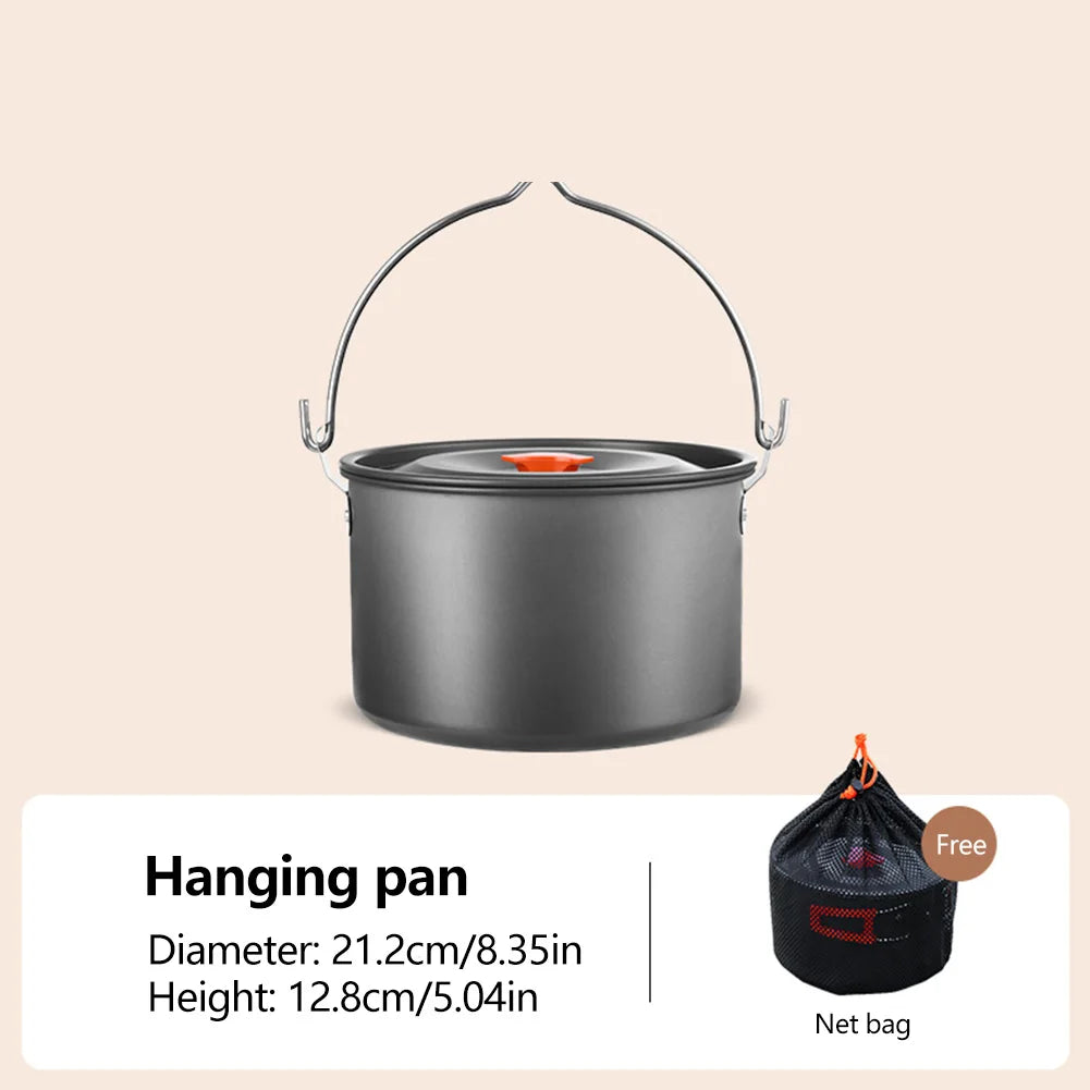 Aluminum Camping Cookware Set – Frying Pan, Cooking Pot, Hanging Pan & Kettle