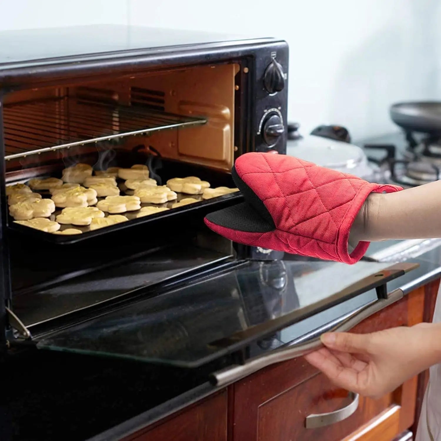 Manoplas resistentes al calor, guantes de horno cortos antideslizantes para hornear y cocinar