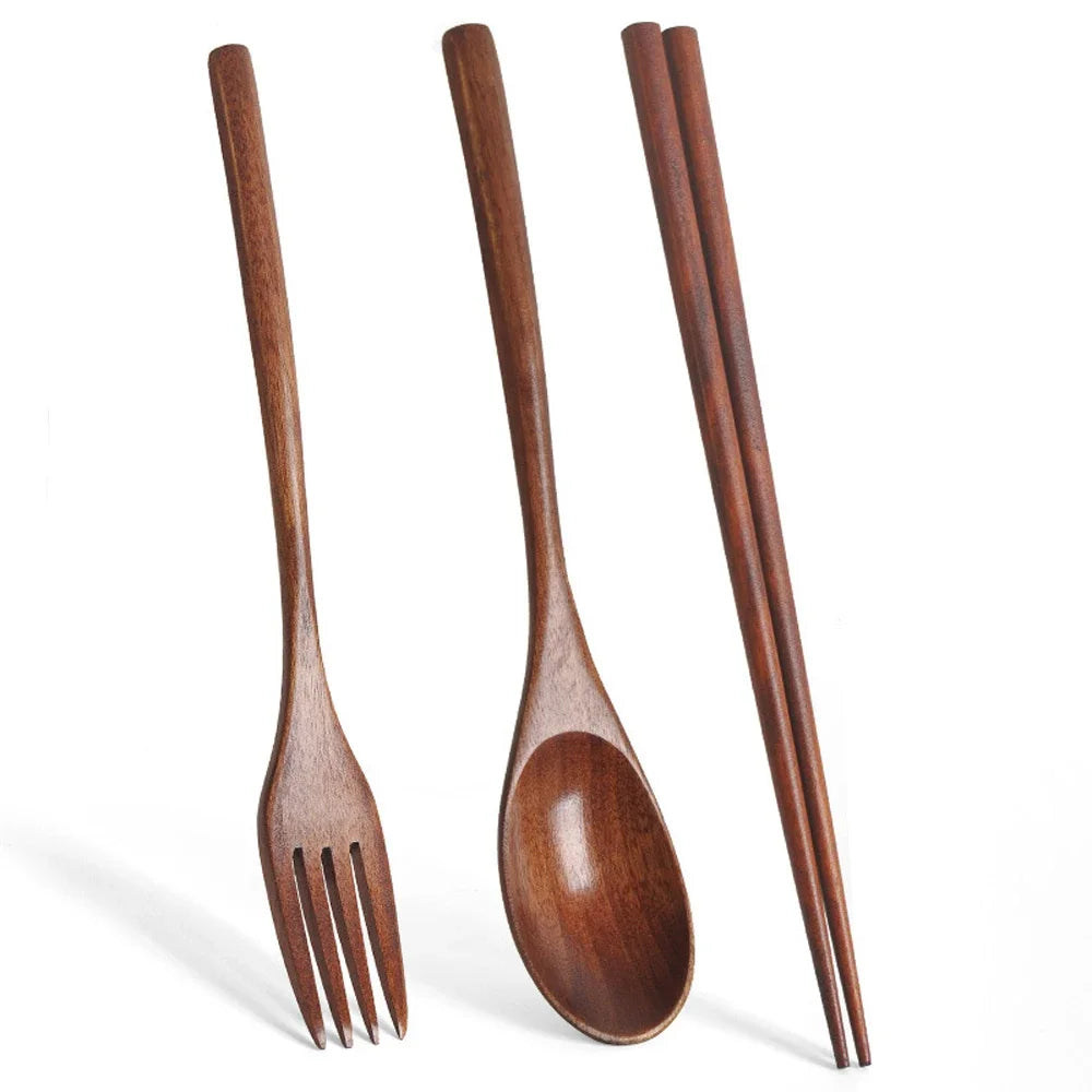 Set de cubiertos de madera natural de 3 piezas – Cuchara, tenedor y palillos
