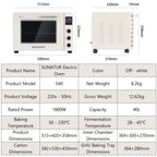 Horno de Convección Eléctrico 40L 1800W – Horno Multifuncional para Pizza, Pasteles y Pan