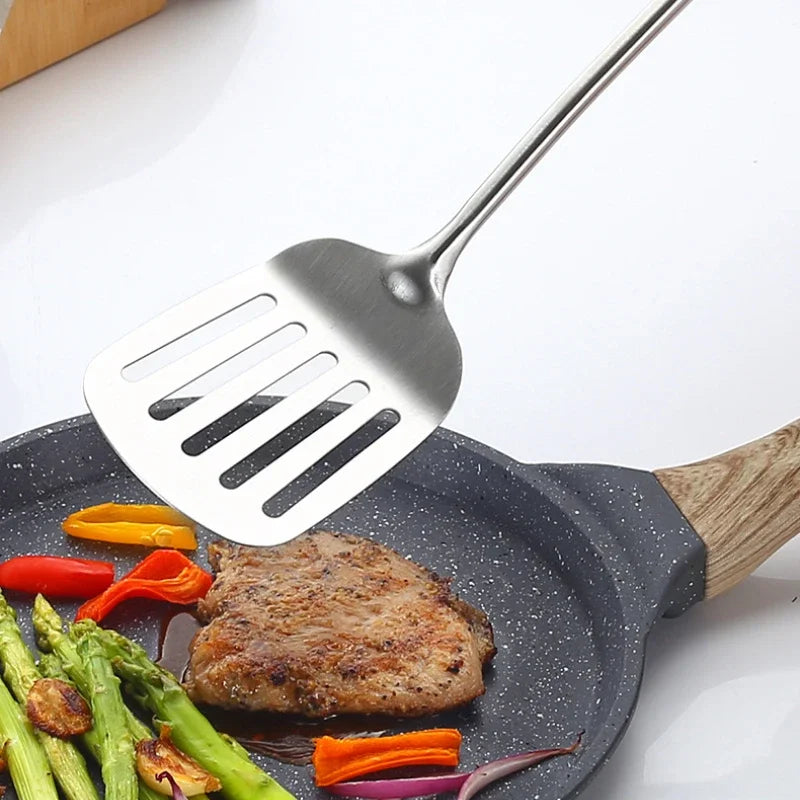 Juego de pala de cocina de mango largo y cuchara de arroz – Utensilios de cocina de acero inoxidable