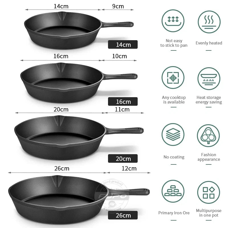 Cast Iron Skillet Set – Non-Stick Frying Pan for Gas and Induction Cooktops (14cm / 16cm / 20cm)