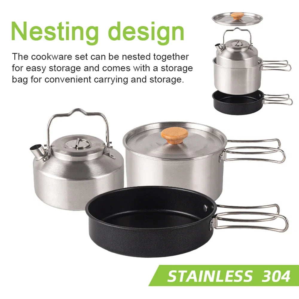 Set de utensilios de cocina para camping de acero inoxidable con olla, sartén y tetera