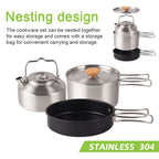 Set de utensilios de cocina para camping de acero inoxidable con olla, sartén y tetera