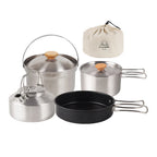 Set de utensilios de cocina para camping de acero inoxidable con olla, sartén y tetera