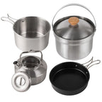 Set de utensilios de cocina para camping de acero inoxidable con olla, sartén y tetera