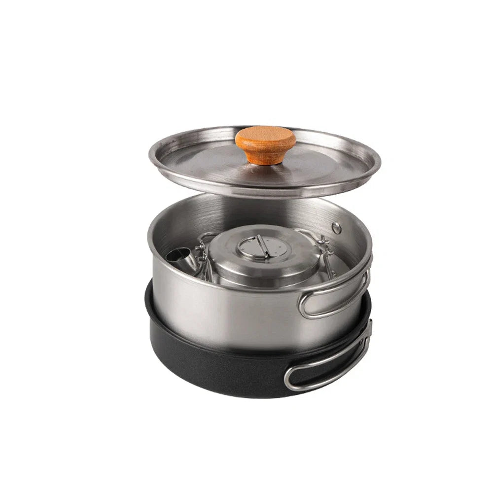 Set de utensilios de cocina para camping de acero inoxidable con olla, sartén y tetera