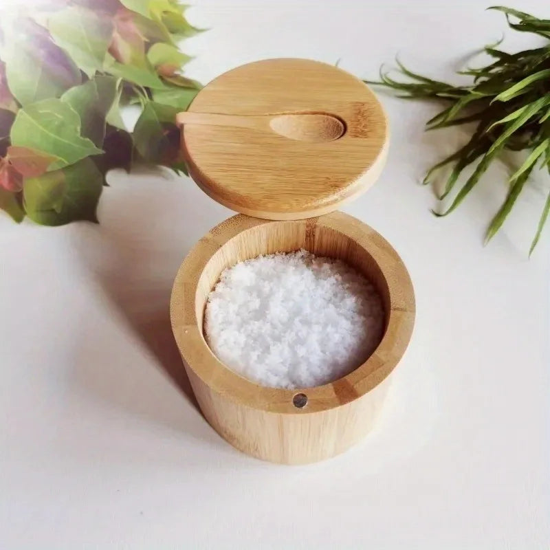 Tarro de almacenamiento de condimentos de madera con cuchara