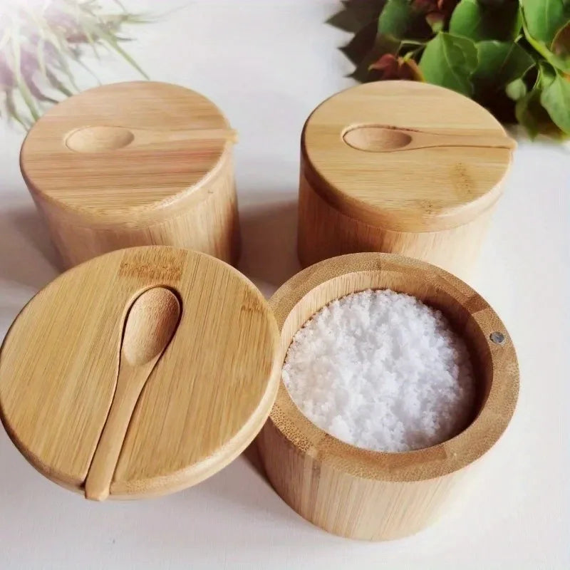 Wood Seasoning Storage Pot with Spoon