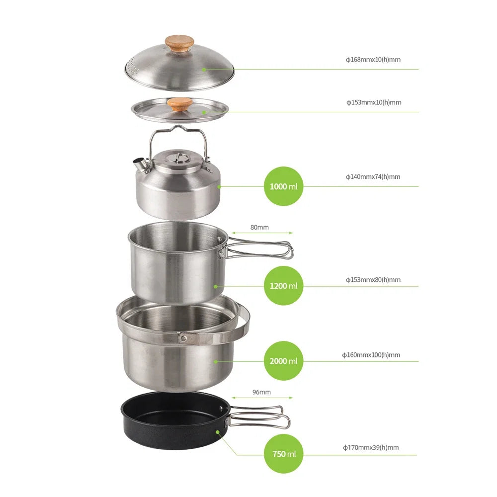 Set de utensilios de cocina para camping de acero inoxidable con olla, sartén y tetera