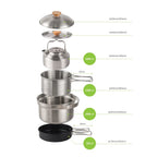 Set de utensilios de cocina para camping de acero inoxidable con olla, sartén y tetera